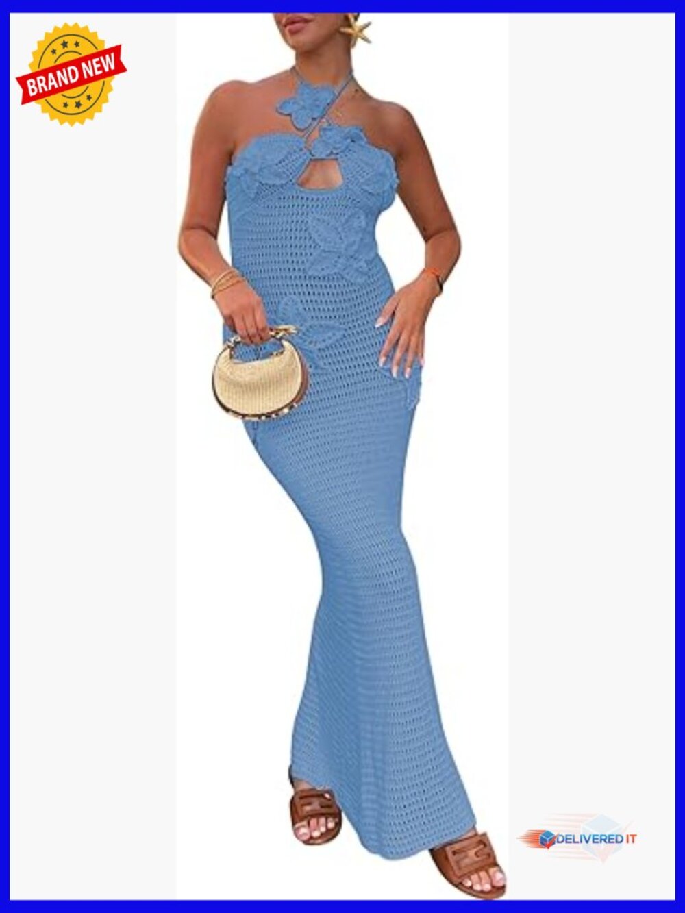 Floral Halter Maxi Dress Sleeveless Backless Beach Coverup Lightweight Polyester